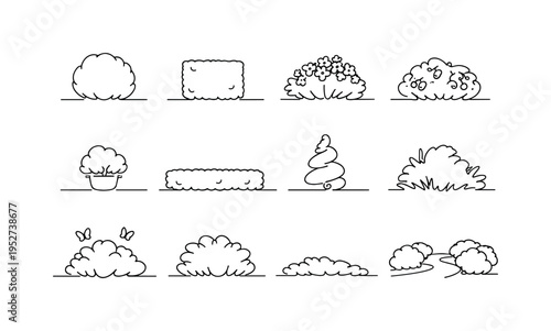 Garden Bushes and Shrubs. Minimalistic set one-line drawing round garden bush, trimmed hedge square, flowering shrub, bush with berries, small decorative shrub