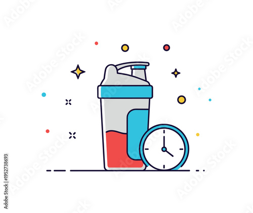 Muscle recovery concept focused on a shaker bottle paired with a subtle clock icon suggesting timely refueling after exercise. The composition