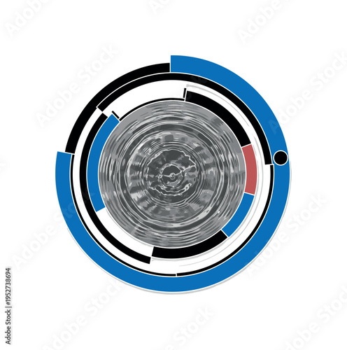 A monochrome circular ripple expanding on a still lake surface viewed from above, central realistic water texture combined with flat geometric rings and