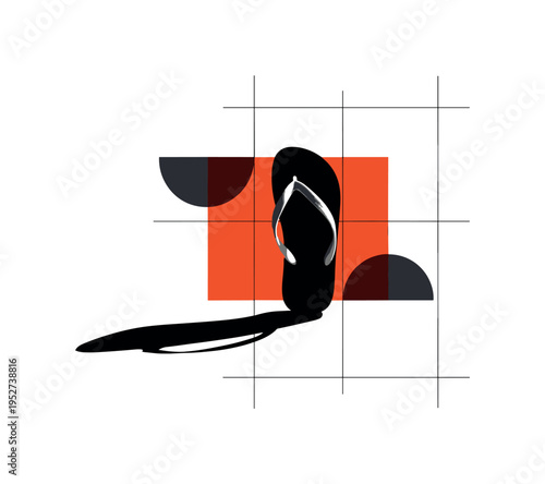 monochrome flip-flop casting sharp shadow effect, bold orange geometric block behind and thin black lines forming structured grid, abstract semicircles adding