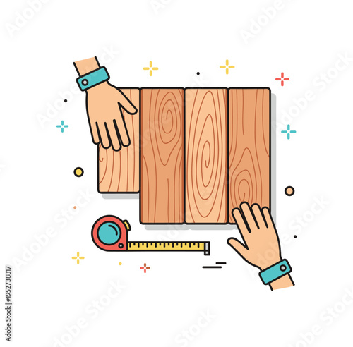 Floor renovation project wooden plank pattern partially installed with a small measuring tape nearby. A clean visual representation of precision and hands-on