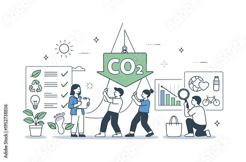 Carbon footprint reduction concepts. People reviewing eco icons, charts, and checklists while lowering a CO? symbol together. A calm editorial scene about