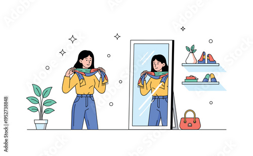 Woman experimenting with a colorful scarf and mirror reflection in a boutique, emphasizing creativity, self-expression, and playful styling. Minimalist flat