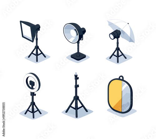 Portrait Lighting. Isometric flat vector icons set of Portrait Lighting: studio softbox light, beauty dish reflector, photography umbrella light, ring light on