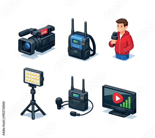 Live Broadcasting. Isometric flat vector icons set of Live Broadcasting: broadcast camera with live indicator light, mobile broadcasting backpack transmitter,