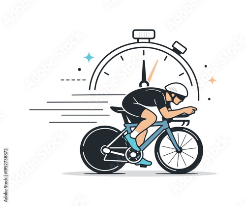 Time trial cycling effort. A solo cyclist riding in aerodynamic position against a minimal stopwatch icon and motion lines, expressing intense focus and