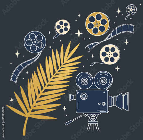 Cannes Film Festival Concept with Golden Palm Leaf and Vintage Cinema Camera Line Art