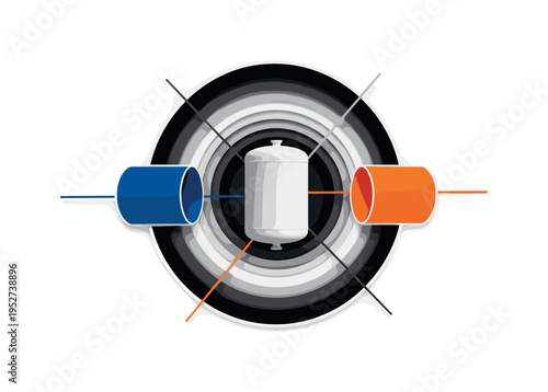 Black and white realistic industrial hydrogen storage tank, bold semicircles and cylindrical shapes echoing its form, thin diagonal lines suggesting energy