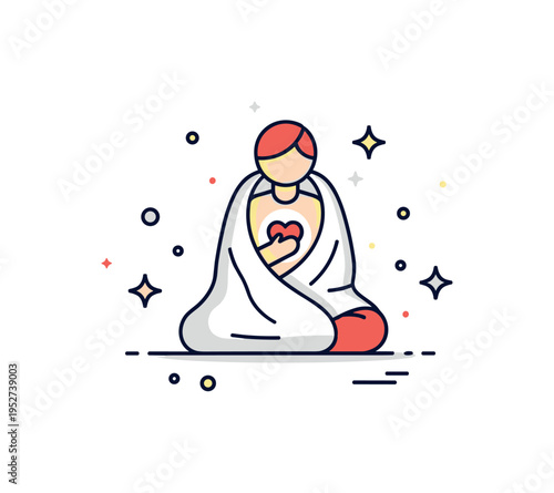 Finding solace in times of suffering illustrated by a simple seated figure wrapped in a soft blanket with a gentle glow around the heart area, expressing quiet