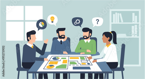 Diverse team brainstorming in modern office with colorful strategy board in flat design for business planning