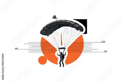 Black and white realistic parachute diver descending mid-air with canopy fully open, placed slightly off-center, layered with a bold orange circle behind the