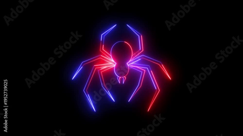Neon Spider Line Icon Animated on Black Background with Alpha Channel 4K Green Screen Chroma Key Loop