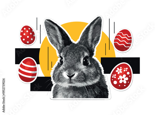 Black and white close-up of a rabbit head with expressive eyes, retro photographic grain, overlapping bright yellow semi-circle and structured black