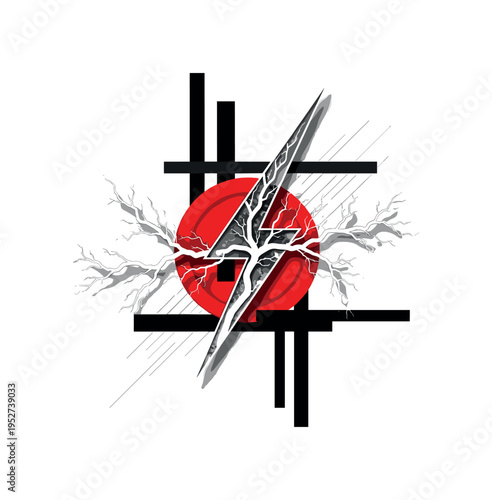 monochrome branching lightning bolt visually echoing tree limb form, bold red circular halo and black abstract bars structuring composition, subtle diagonal