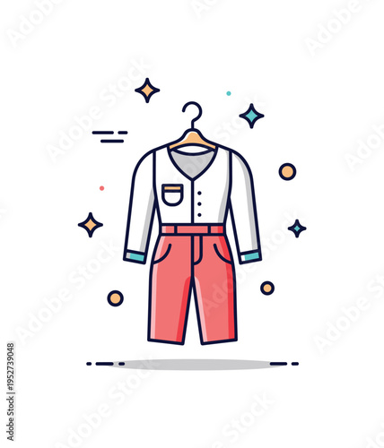 Prototype garment presentation with a finished outfit displayed on a hanger symbolizing completion, refinement, and readiness for showcase. Clean shadow layers