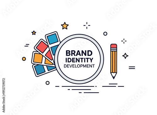 Brand identity development idea illustrated through a logo badge icon combined with color swatches and a small pencil, expressing visual consistency and