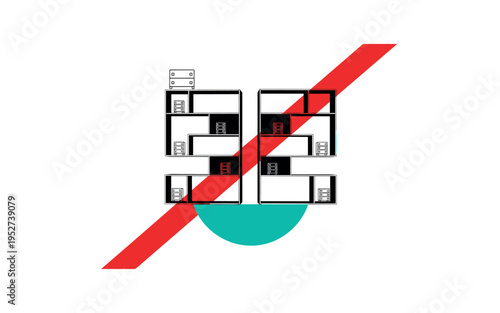 Black and white modular shelving system stacked symmetrically, vivid teal half circle supporting the bottom shelves, bright red diagonal stripe crossing the