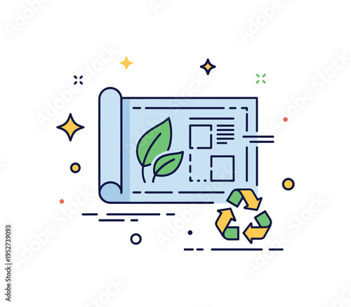 Sustainable product design process featuring a simple blueprint sheet paired with a small leaf and recycling symbol, symbolizing eco conscious planning from