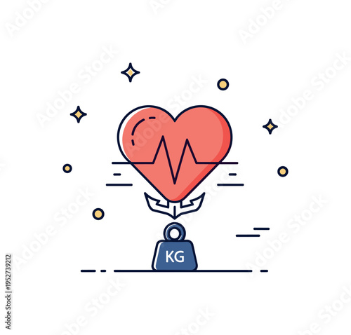 Grounding for anxiety relief shown as a steady heart icon anchored by a small weight symbol and gentle stabilizing lines, symbolizing emotional balance during