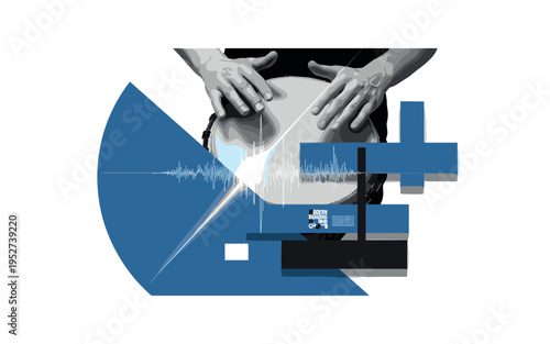 Monochrome close-up of hands playing a traditional drum, intersected by a large blue semicircle and abstract rectangular blocks, diagonal flash of light