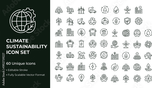 Climate sustainability line icon set with renewable energy ecology environmental protection and green technology symbols