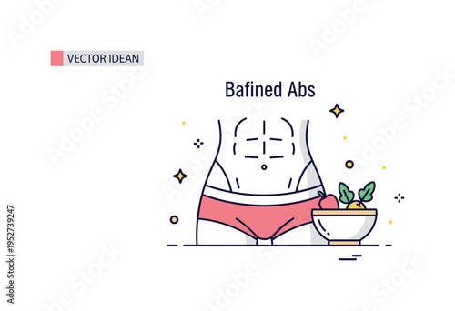 Defined abs balanced diet and fitness idea showing a toned midsection icon paired with a small healthy bowl symbol arranged harmoniously. A clean and modern