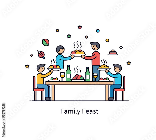 Weekend family dinner scene featuring a round table with steaming dishes and small figures passing food to each other. A subtle ?Family Feast?