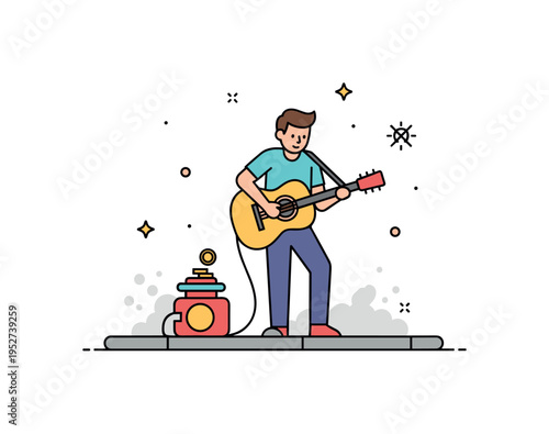 A lone street musician performing on a dusty sidewalk, with a few coins in a hat, capturing hope, creativity, and perseverance in a struggling city. Minimalist