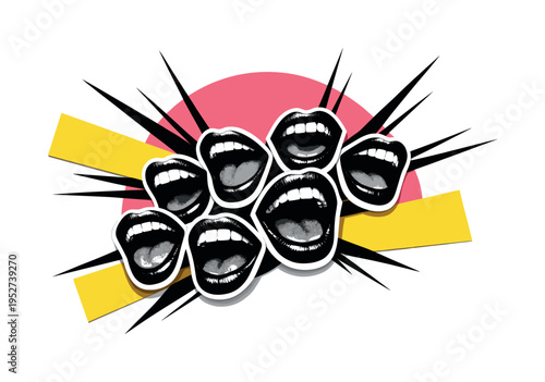 Set of multiple black and white pop art open mouths arranged diagonally, each slightly different expression, large pink semicircle rising behind the cluster,