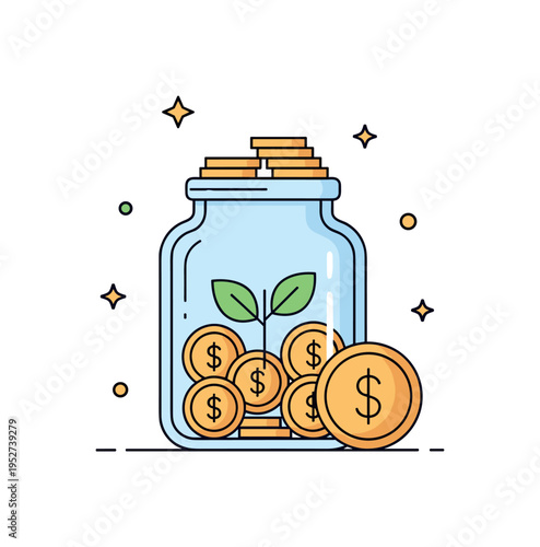 Retirement fund jar jar filled with coins and a small leaf or tree icon symbolizing long term growth and stability. A calm concept illustration about future