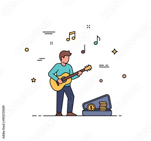 Street performers urban music scene centered on a guitarist standing beside an open case with a few coins inside, while small musical notes float above to