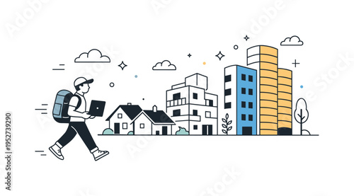 Community displacement concerns. Small homes gradually replaced by abstract high-rent buildings while a nomad walks by with a backpack and laptop. Gentle,