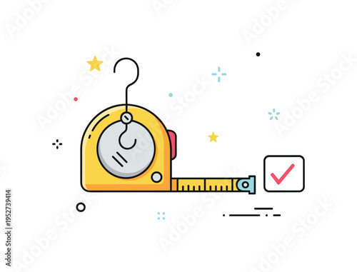 Accurate measuring point concept centered on the tape hook aligned precisely with a marked corner and subtle check accent, symbolizing correctness, detail