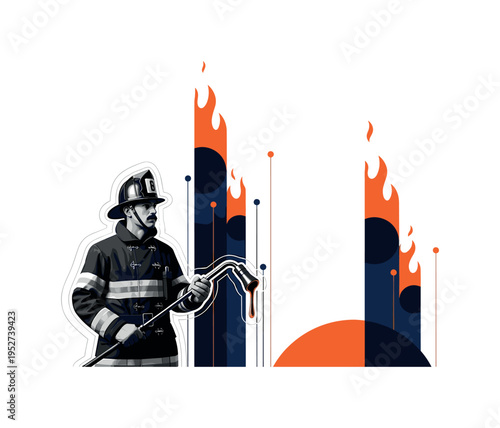 A black and white realistic firefighter in retro uniform holding a drip torch, bold abstract semicircles and flat flame-shaped geometric blocks rising upward,