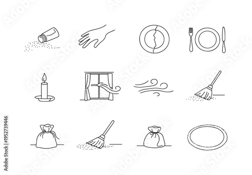 Symbolic Spilled Salt Scene. Minimalistic set one-line drawing [overturned salt cellar, scattered salt grains arc, shadow outline of hand, cracked plate,