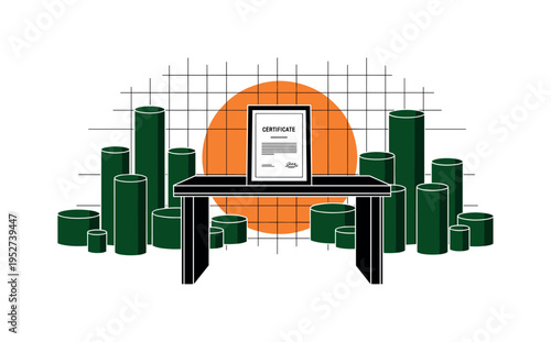 Black and white office desk with a framed certificate displayed prominently, bright orange circle behind the frame, dark green cylindrical shapes and thin grid