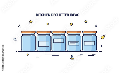 Modern kitchen declutter idea featuring matching cylindrical jars with subtle wooden lid accents arranged in a tidy row, symbolizing aesthetic storage and