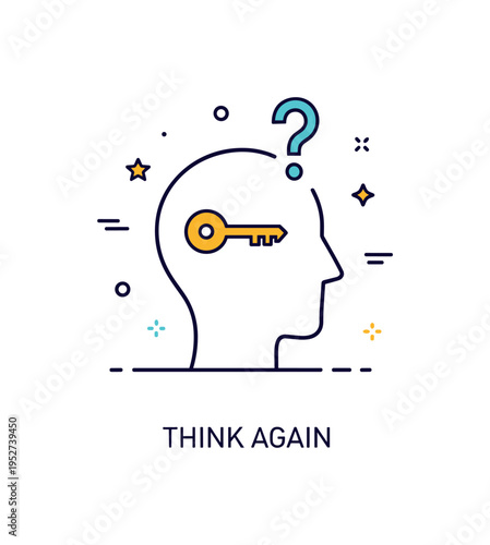 Looking for keys memory and focus concept featuring a simple head outline with a small key icon inside and a question mark above, symbolizing mental search and