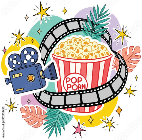 Movie Night Concept with Popcorn and Retro Camera in Kawaii Vector Style
