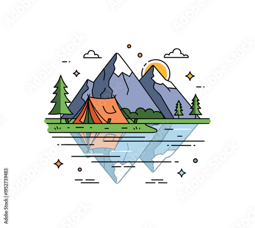 Camping by mountain lakes serene outdoor scene featuring a small tent pitched near calm water with tall mountain peaks reflected on the surface, expressing