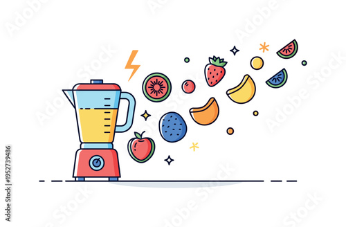 Fruit smoothie ingredient concept featuring a blender icon beside colorful fruit pieces floating toward it. The scene conveys energy, preparation, and healthy