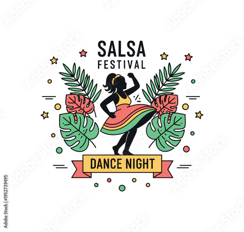 Salsa festival celebration built around a dancing silhouette framed by tropical leaves and a small banner reading Dance Night, expressing community, culture,