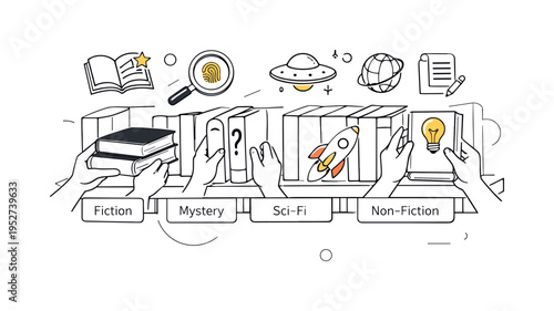 Bookshelf Organization. Hands placing books into clearly separated sections, small genre icons floating above shelves. Satisfying, mindful atmosphere focused