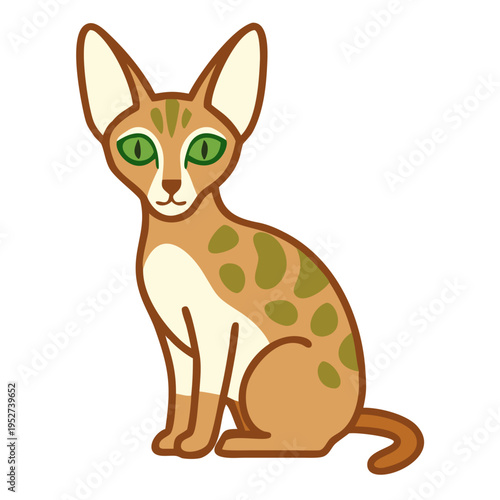 Cartoon oriental shorthair with green eyes sits calmly, showcasing its unique features and spotted fur.