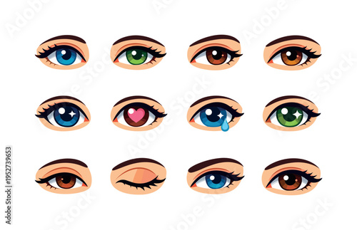 Human Eyes. Colorful flat vector icons set of Human Eyes: realistic eyes, stylized eyes, calm human gaze, thoughtful look, emotional pupils, soft shadows eyes,