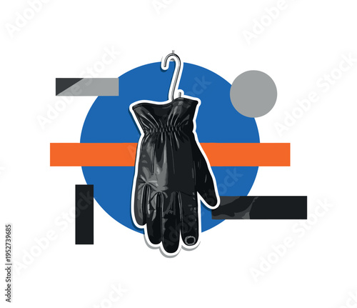 Black and white single leather glove hanging from a hook, oversized cobalt blue circle centered behind it, orange horizontal bar intersecting mid-frame for