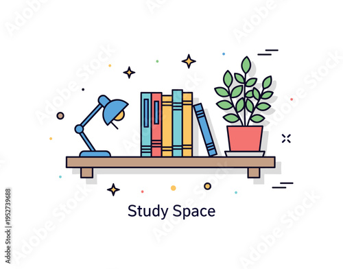 Book shelf with plants study inspiration concept showing a tidy shelf with a few vertical books, a tiny desk lamp silhouette, and a compact leafy plant,