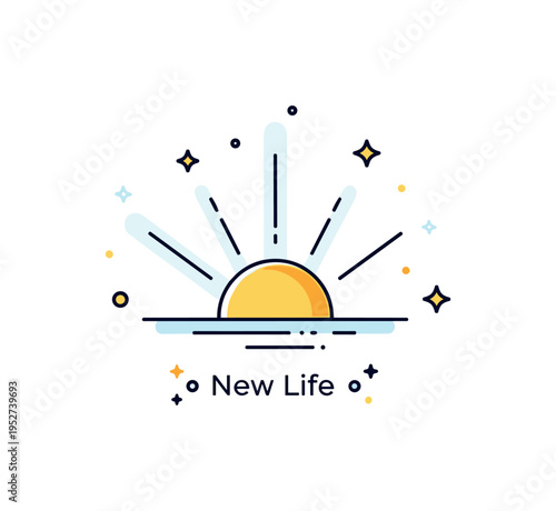 Resurrection symbolized by a rising sun emerging from behind a gentle horizon line, casting soft radiant beams upward. A subtle ?New Life? caption and minimal