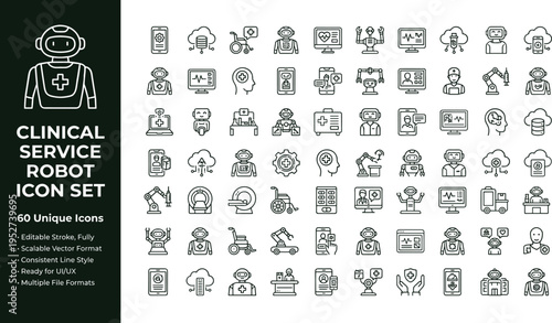 Clinical service robot line icon set with healthcare automation medical assistant robots and smart hospital technology symbols