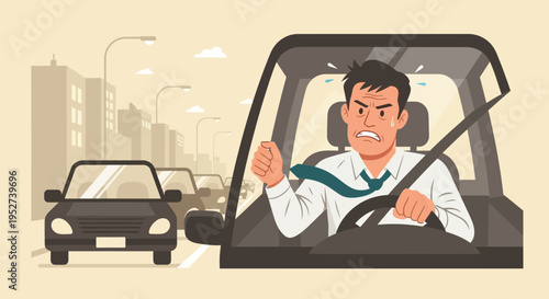 Angry businessman stuck in traffic jam, frustrated driver honking horn in city street